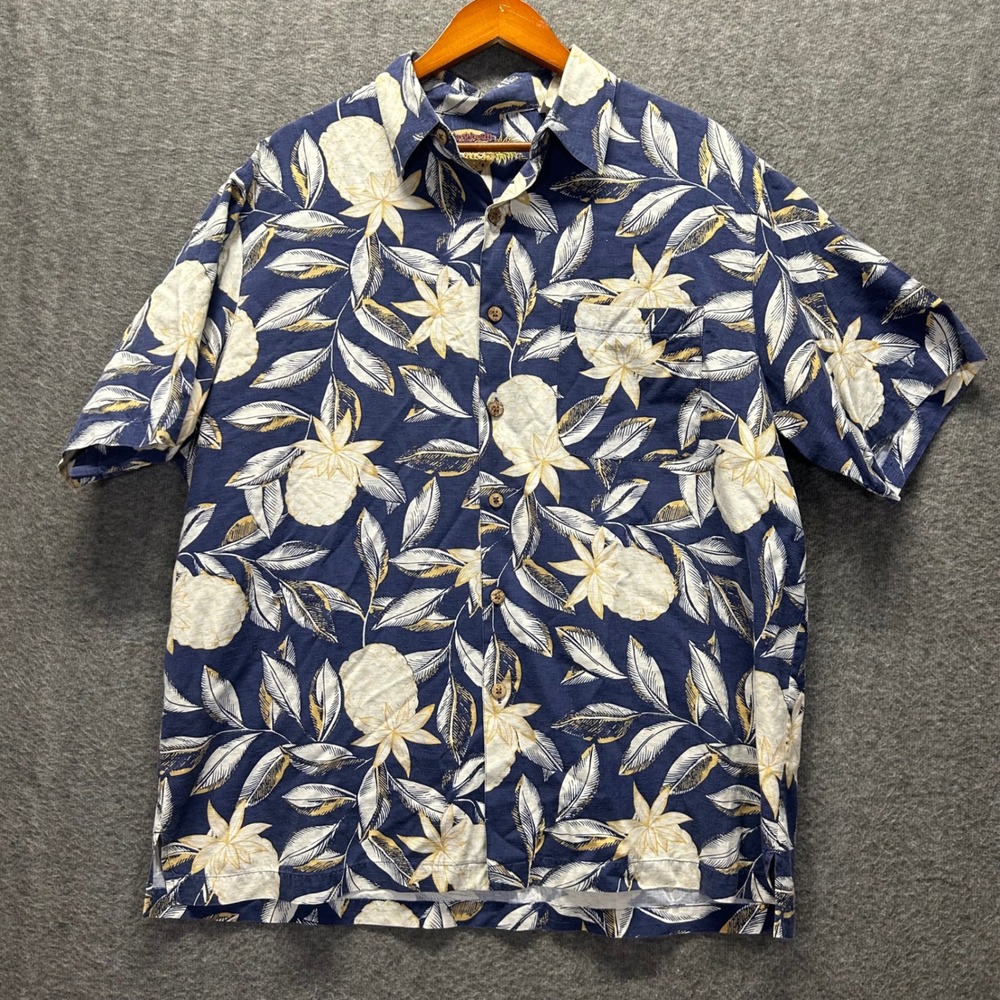 Caribbean Men XL Silk Cotton Tropical Pineapple Floral Hawaiian Shirt Blue Short - Picture 2 of 7